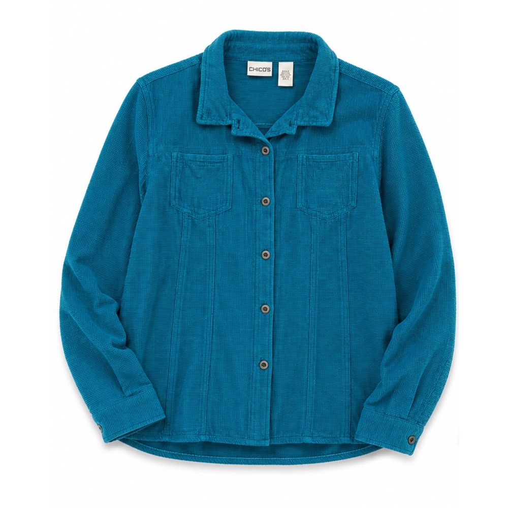 Chico's Silk Rayon Corduroy Texture Button Down Shirt Teal Blue Size 3 Large XL